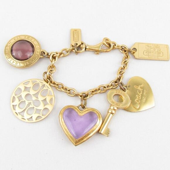 Coach Multi Charm Gold Tone Bracelet - Purple Heart, Key & Logo Charms - Picture 1 of 9